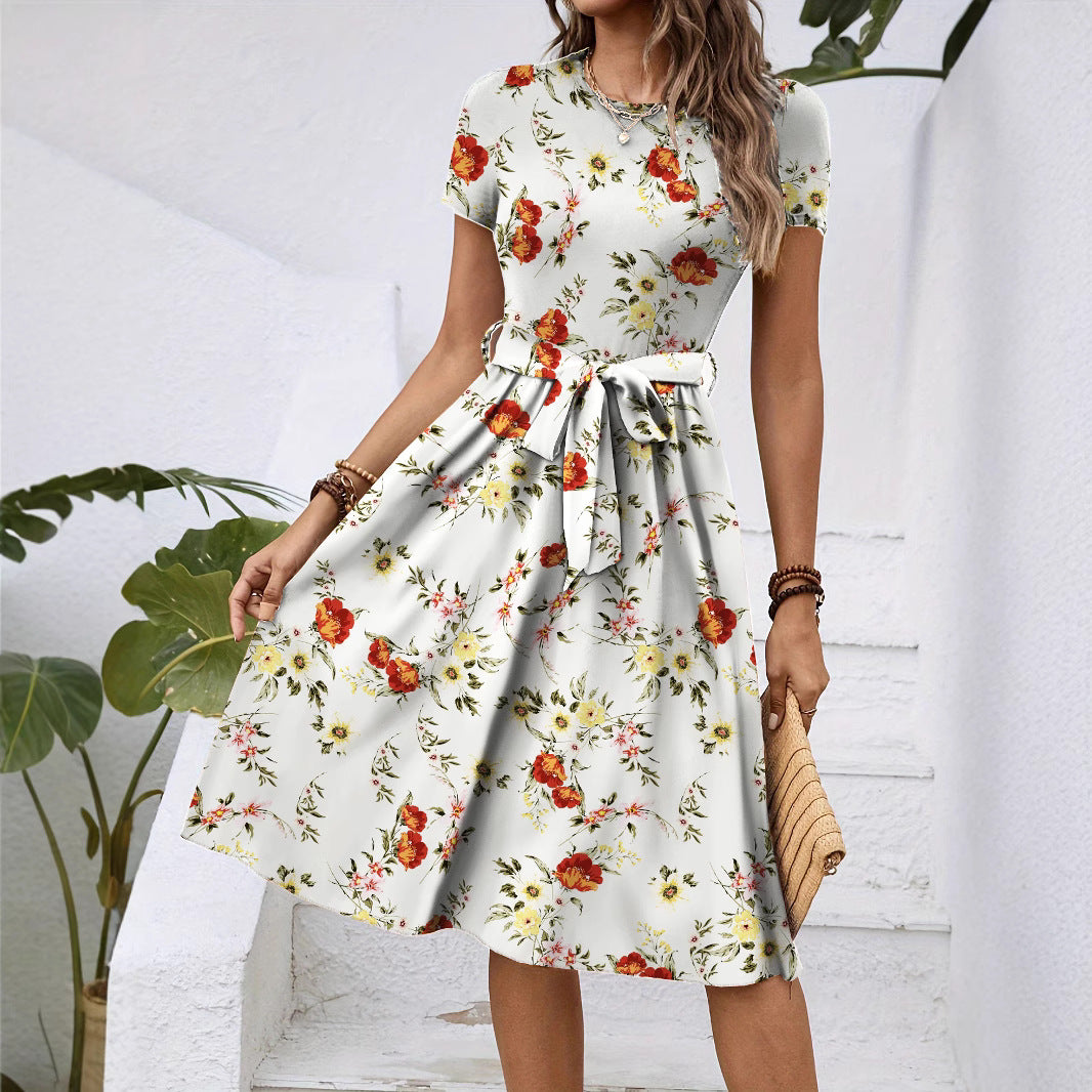 Ebay European And American Women's Cross-border Explosions Spring And Summer Round Neck Short-sleeved Waist Full Body Flower Printed Mid-length Dress