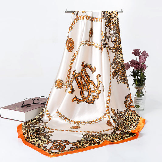 90 Ethnic Satin Large Square Scarf Headscarf Spring And Summer Oil Painting Scarf Sunscreen Shawl All-match Women&#039;s Silk Scarf Bag Belt