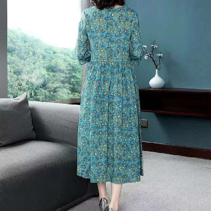 Floral Print Midi Dress Fashionable Summer Polyester Fiber Long Sleeve Round Neck A-Line Skirt Comfortable Casual Korean Style