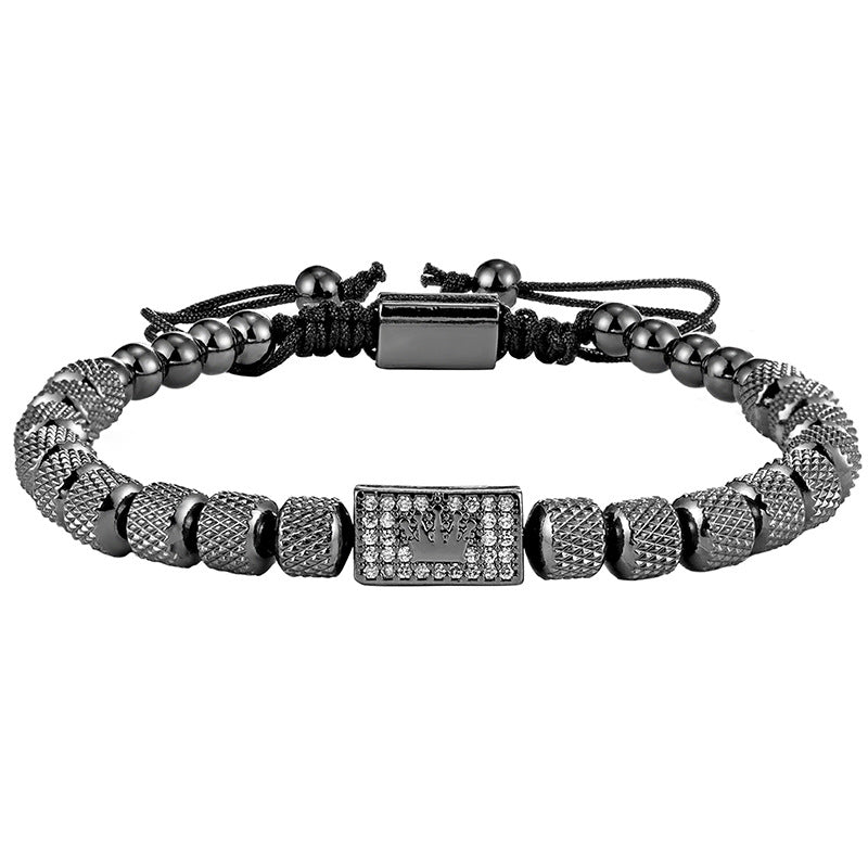 European And American Cross-border Crown Stainless Steel Beaded Pineapple Beads Bracelet For Men And Women Woven Adjustable Bracelet Three-piece Set