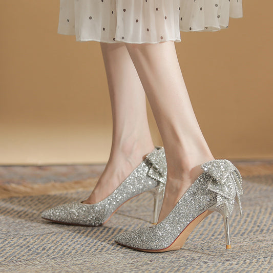 6681-18B French Crystal Bow High Heel Shoes Socialite Elegant Banquet Xiuhe Sequined Bride Bridesmaid Shoes