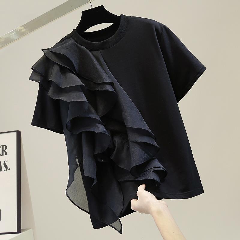 In Stock Fashion Large Ruffle Laminated Stitching Contrast Color Pullover Short Sleeve T-shirt 2023 Spring New Slim Top
