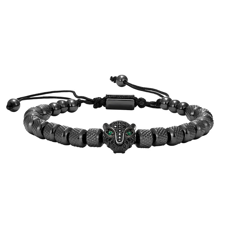 European And American Retro Joker Retro Green Eye Leopard Head Stainless Steel Mesh Bead Woven Bracelet Adjustable Bracelet Wholesale