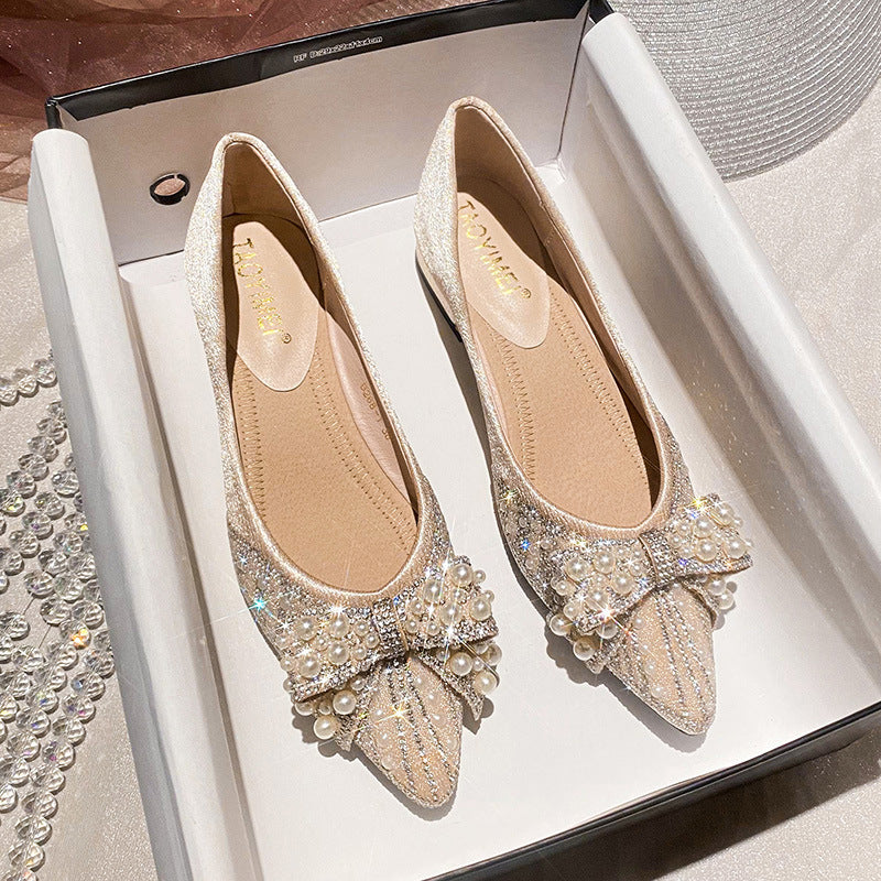 Pointed Shoes Women&#039;s 2022 New Thick Heel Shallow Mouth Rhinestone Pearl Bow Elegant Women&#039;s Shoes Four Seasons Soft Sole Comfortable