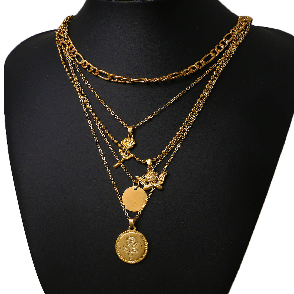 Mu Shang Punk Style New Multi-layer Necklace Women&#039;s European And American Cross-border Retro Rose Angel Multi-layer Pendant Collarbone Chain