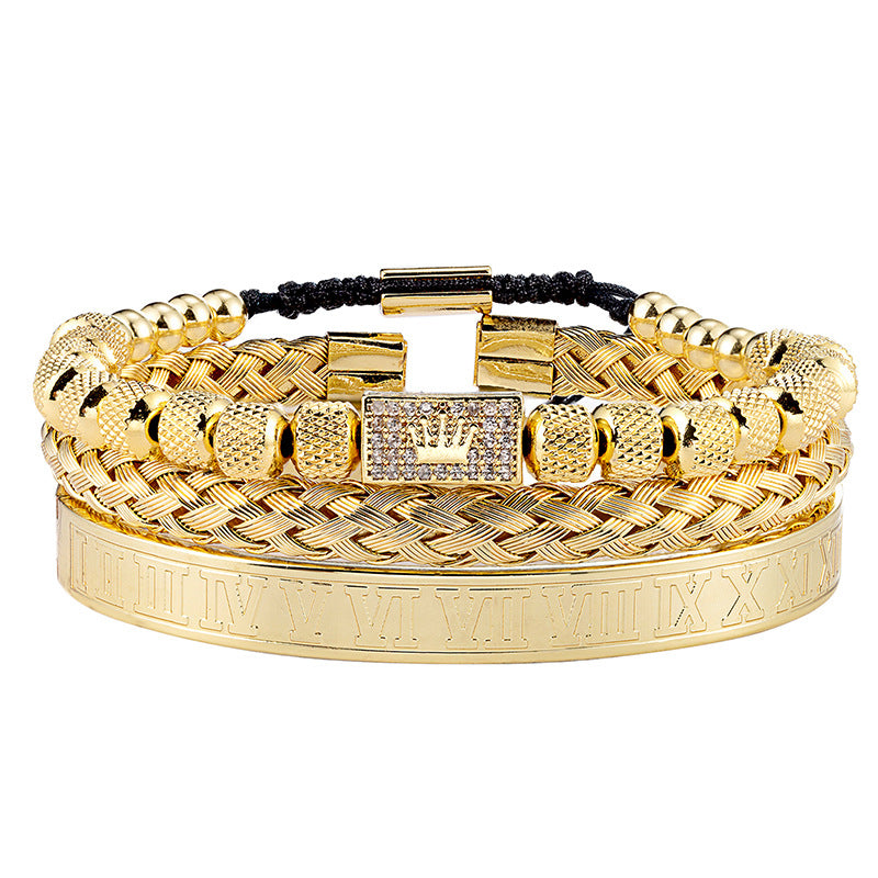 European And American Cross-border Crown Stainless Steel Beaded Pineapple Beads Bracelet For Men And Women Woven Adjustable Bracelet Three-piece Set