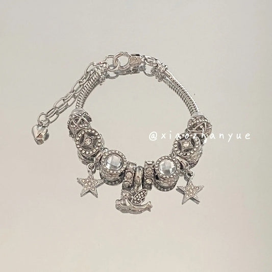 Ins Niche Light Luxury Vintage Panjia Style Bracelet Women&#039;s White Glazed Beads Five-pointed Star Angel Pendant Bracelet