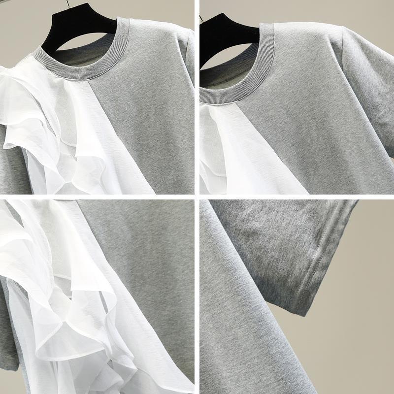In Stock Fashion Large Ruffle Laminated Stitching Contrast Color Pullover Short Sleeve T-shirt 2023 Spring New Slim Top
