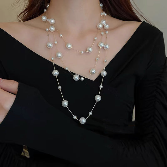 Shijiazu Stacked With Long Pearl Necklace Women&#039;s Light Luxury Temperament Sweater Chain Joker High Sense Autumn And Winter Necklace