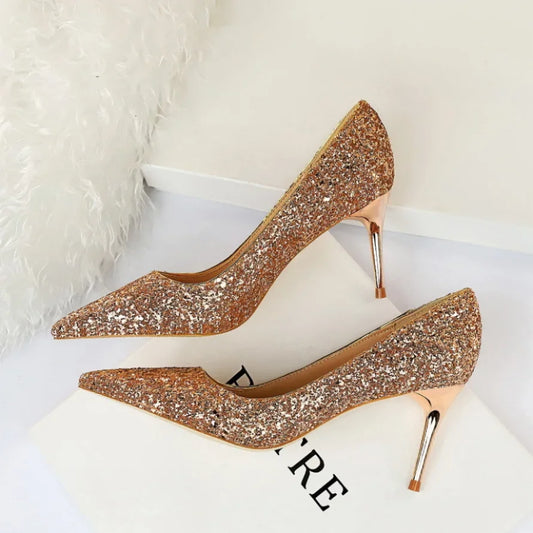 9219-A1 European And American Style Sexy Nightclub Slim High Heels Women&#039;s Shoes Stiletto Heel High Heel Fashion Shine Sequin Shoes