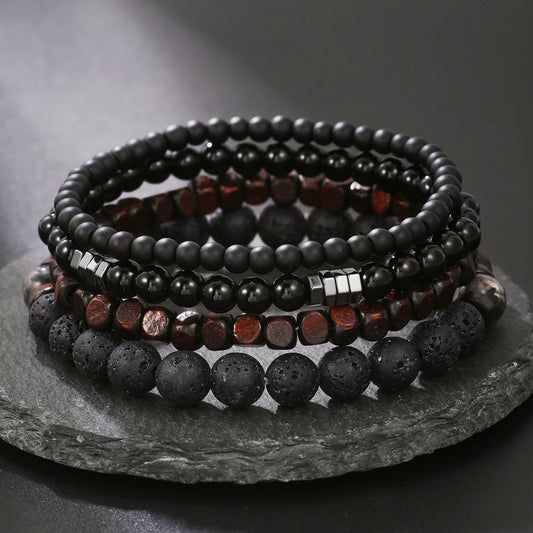 Volcanic Stone Black Frosted Black Gallstone Wooden Beads Bracelet Set Combination Hip-hop European And American Internet Red Style Elastic Bracelet Bracelet String