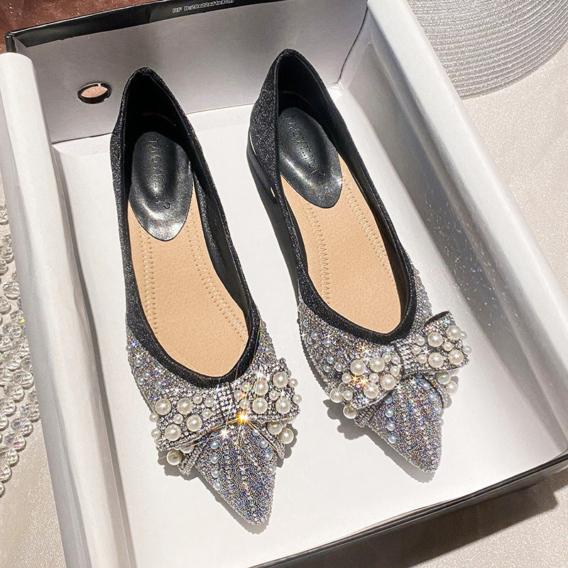 Pointed Shoes Women&#039;s 2022 New Thick Heel Shallow Mouth Rhinestone Pearl Bow Elegant Women&#039;s Shoes Four Seasons Soft Sole Comfortable