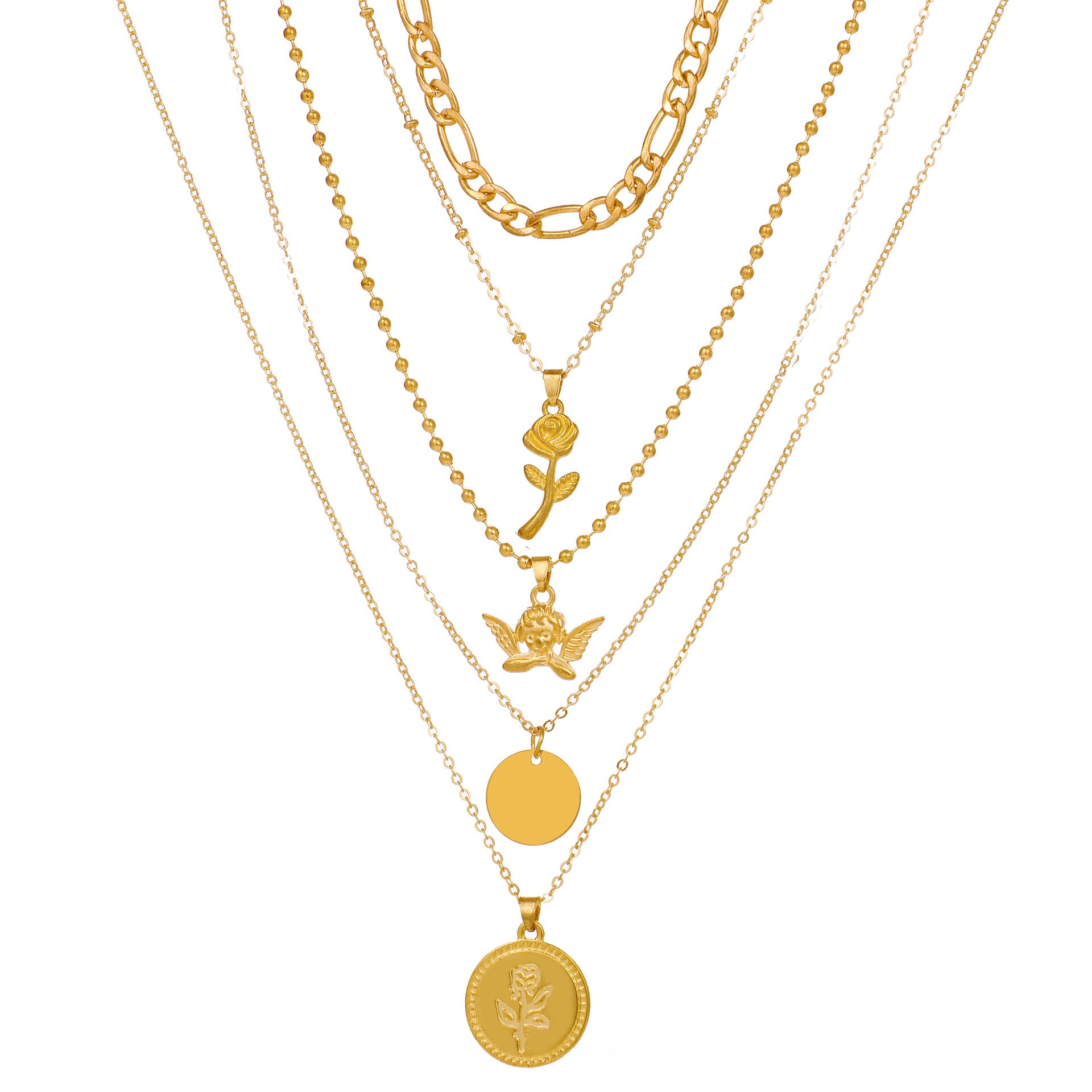 Mu Shang Punk Style New Multi-layer Necklace Women&#039;s European And American Cross-border Retro Rose Angel Multi-layer Pendant Collarbone Chain