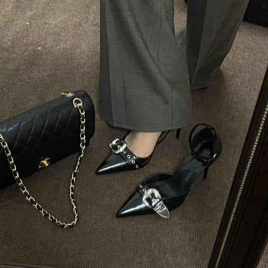 2024 Summer New Hollow Pointed Sandals Women&#039;s One Word Buckle Stiletto Heel High Heels Belt Buckle Women&#039;s Shoes Wholesale