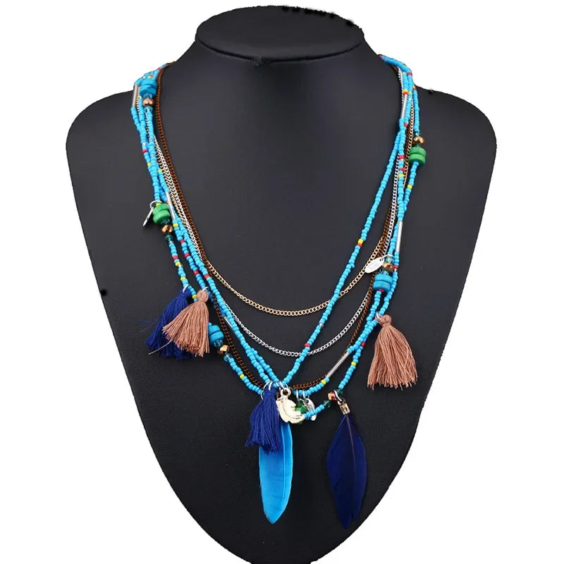 Bohemian Multi-layer Necklace Handmade Beaded Feather Small Tassel Sweater Chain Resin Rice Beads Travel Jewelry Wholesale