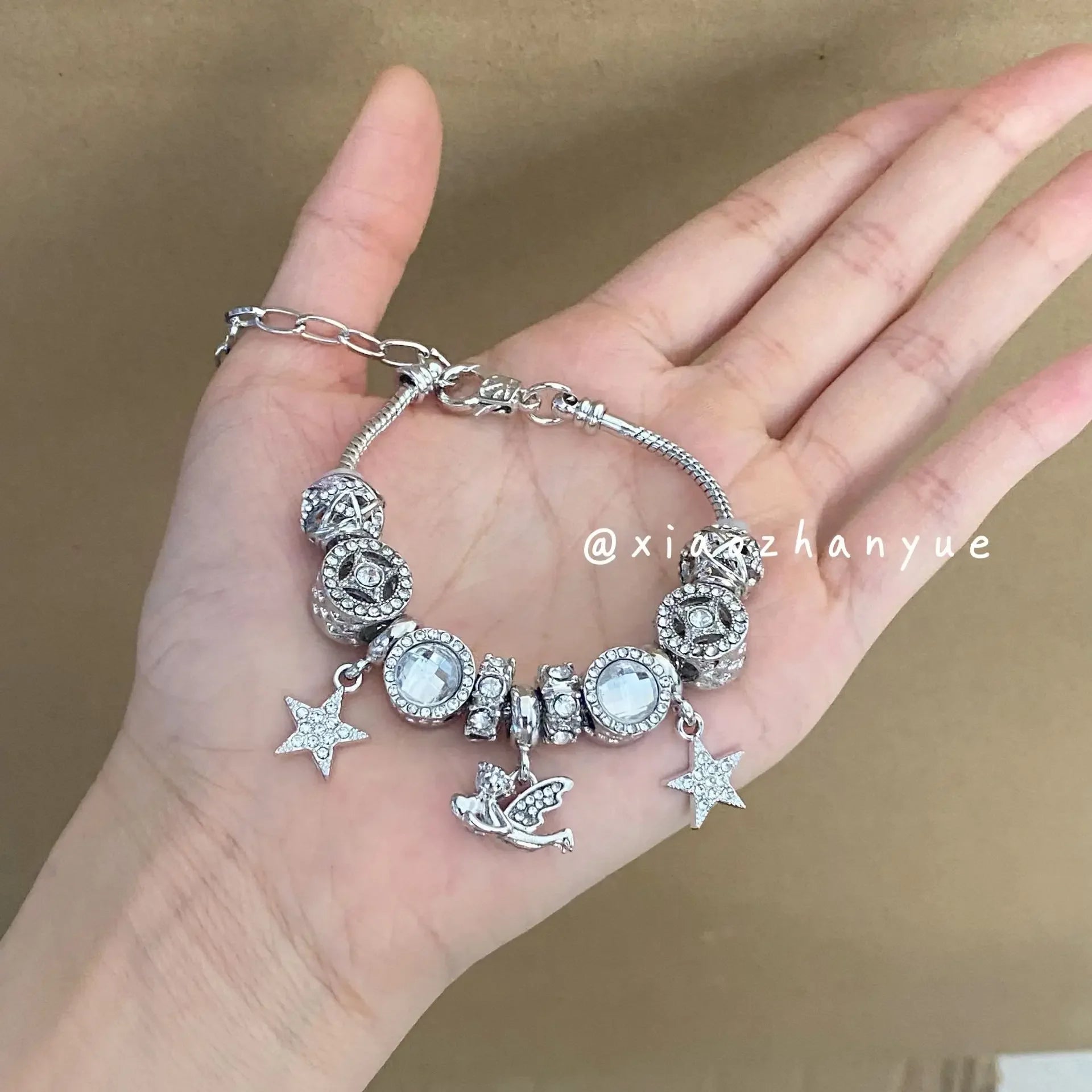 Ins Niche Light Luxury Vintage Panjia Style Bracelet Women&#039;s White Glazed Beads Five-pointed Star Angel Pendant Bracelet