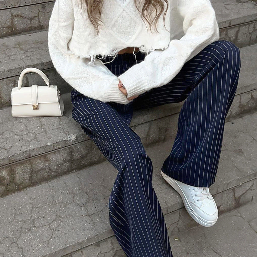 Navy Blue Retro Striped Casual Wide-leg Pants 2023 European And American New Autumn Fashion Foreign Trade All-matching Suit Pants For Women