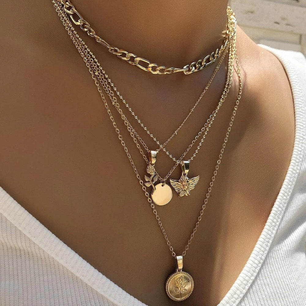 Mu Shang Punk Style New Multi-layer Necklace Women&#039;s European And American Cross-border Retro Rose Angel Multi-layer Pendant Collarbone Chain