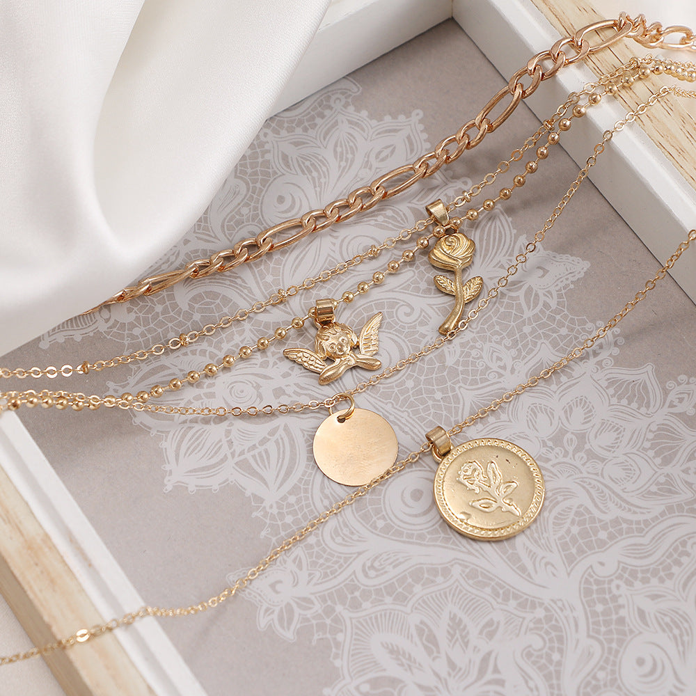 Mu Shang Punk Style New Multi-layer Necklace Women&#039;s European And American Cross-border Retro Rose Angel Multi-layer Pendant Collarbone Chain
