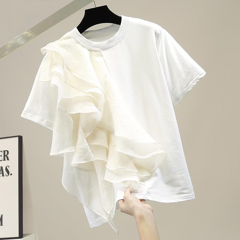 In Stock Fashion Large Ruffle Laminated Stitching Contrast Color Pullover Short Sleeve T-shirt 2023 Spring New Slim Top