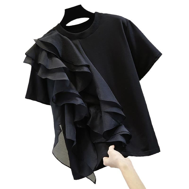 In Stock Fashion Large Ruffle Laminated Stitching Contrast Color Pullover Short Sleeve T-shirt 2023 Spring New Slim Top